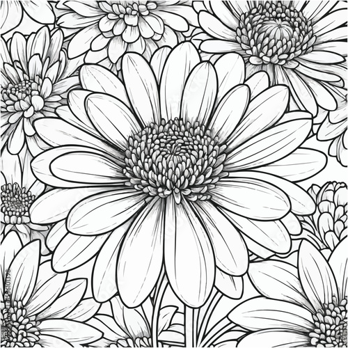 Detailed black and white line art of a group of chrysanthemums in full bloom close together in a pattern