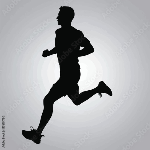 Silhouette of a man running with shorts and shirt on a light gray background in a side view position