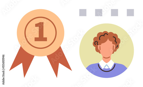 Number one ribbon prize near individual portrait. Ideal for recognition, achievement, success, awards, career excellence, leadership, and motivation. Simple flat metaphor