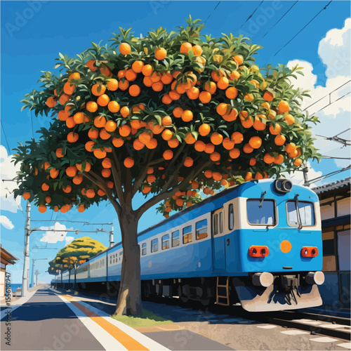A blue train passes by a tree full of oranges on a sunny day with a clear blue sky and white clouds