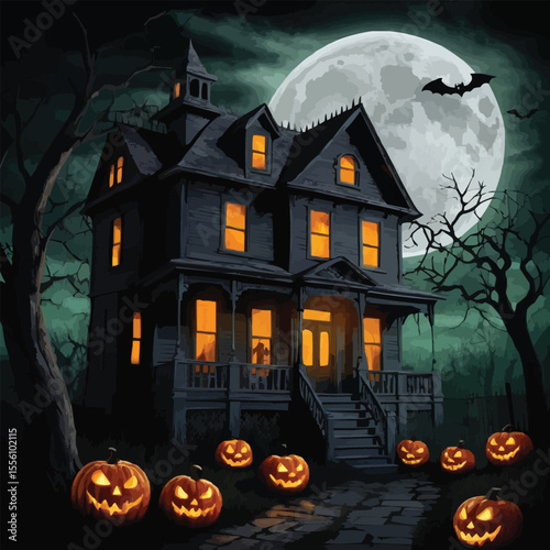 Spooky haunted house with pumpkins and bats under a full moon on a dark halloween night scene