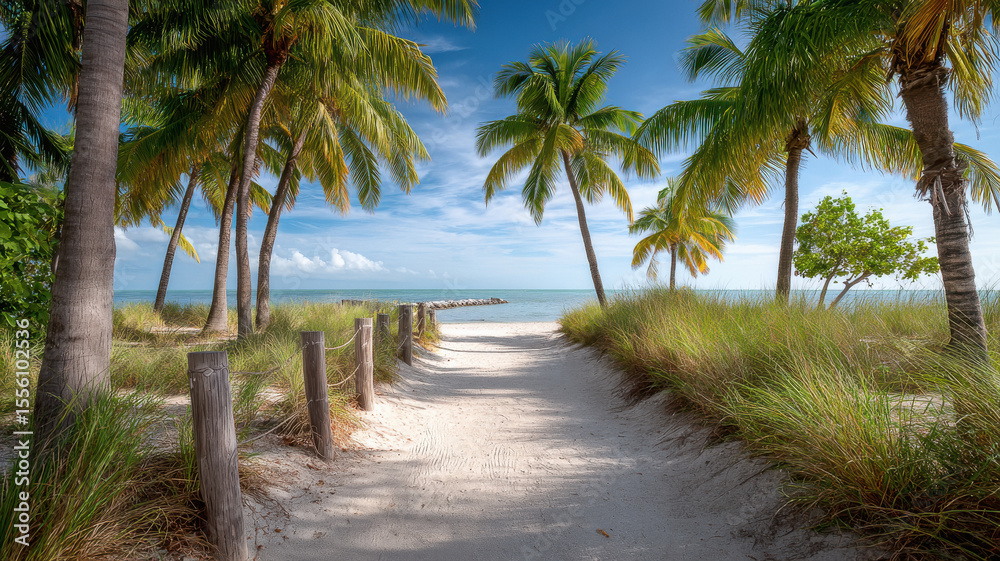 a sandy path lined with palm trees leading on the beach a sandy path lined with palm trees leading on the beach