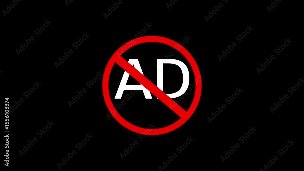 no ad crossed out mark color icon animation. ad not allowed icon animation. on black background.