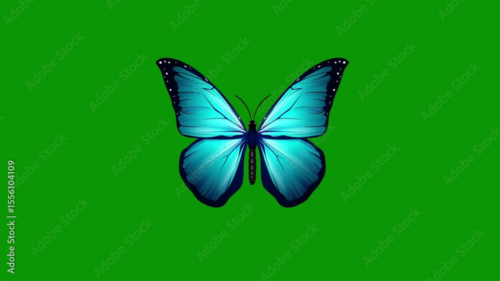 A blue butterfly on green background and green screen animated chromakey background depth emotion figure frame colorful style gesture design composition expression creative cartoonish