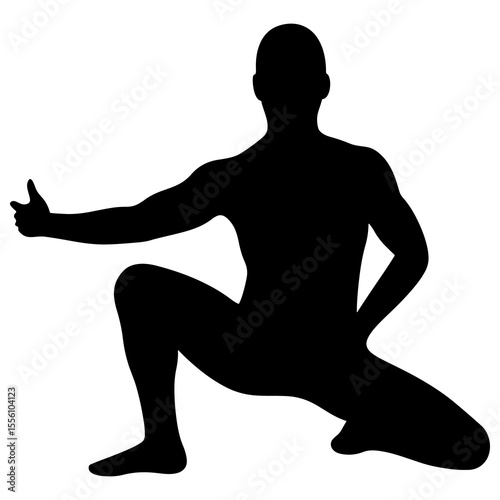 A person in a black outfit stands against a stark black background