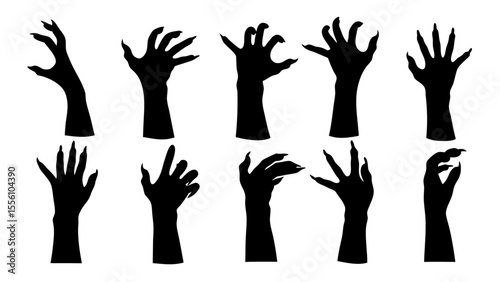 Set of doodle zombie hands silhouette.