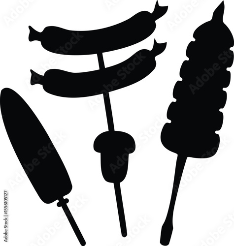 Black and white vector of grilled foods on skewers, including sausages, corn cob, and kebab for barbecue designs