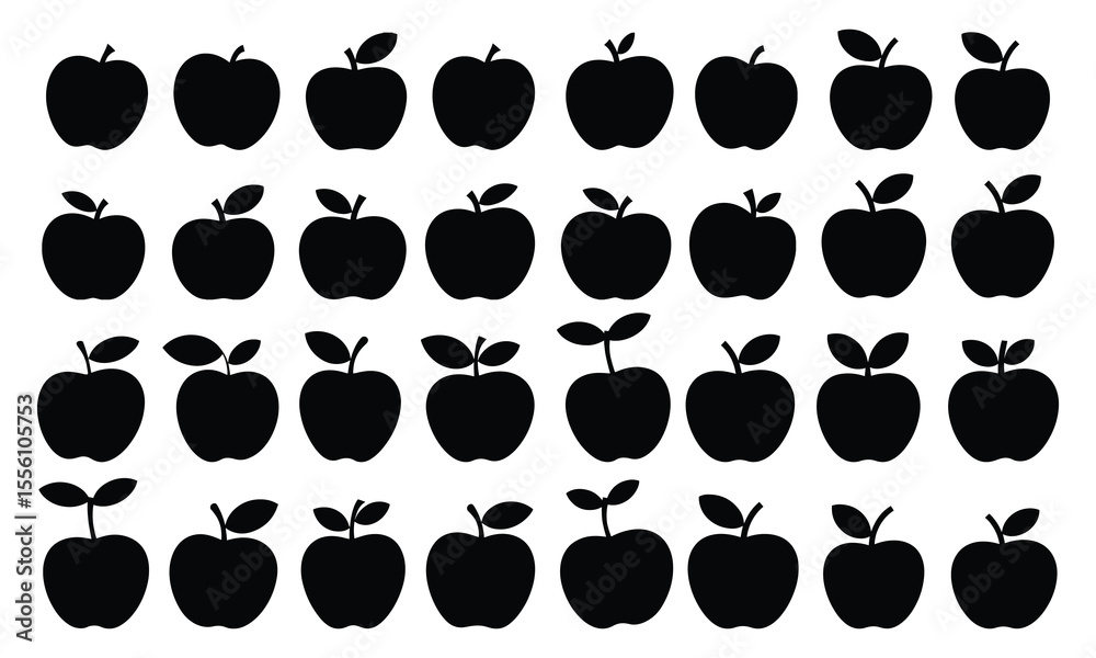 Fototapeta premium Apple silhouette set, Thirty black apple silhouettes arranged in rows a simple fruit silhouette pattern