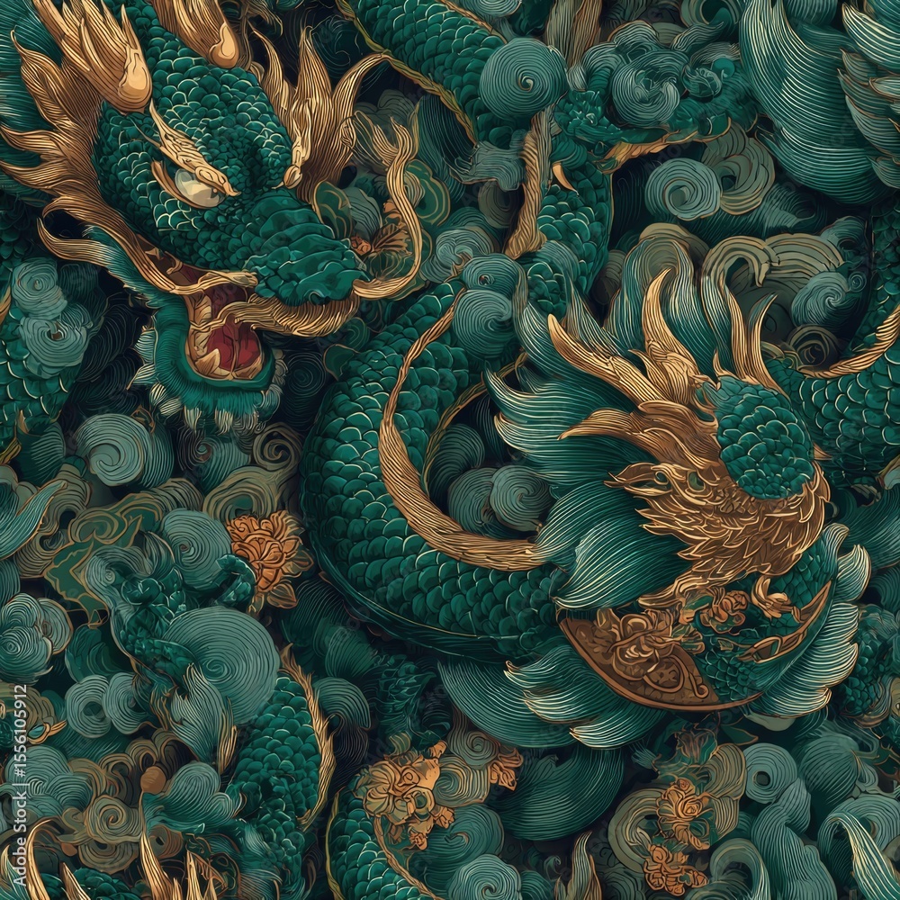 Fototapeta premium seamless intricate and detailed chinesse dragons are showcased in wallpaper design. the rich colors patterns create dynamic atmosphere perfect for various backgrounds generative ai