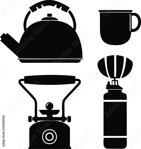 Black and white vector of camping gear including teapot, mug, lantern, and fuel canister for outdoor adventures