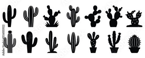 Cactus silhouette, Cactus silhouette set, Collection of various cactus silhouette designs for decoration