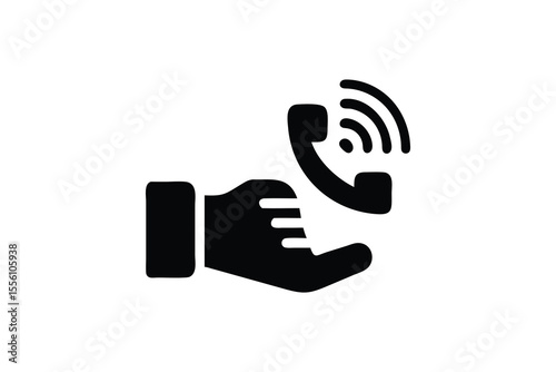 Hand Offering Ringing Phone: Modern Minimalist Icon, Customer Service, Support, Assistance, Contact Us, Helpline.