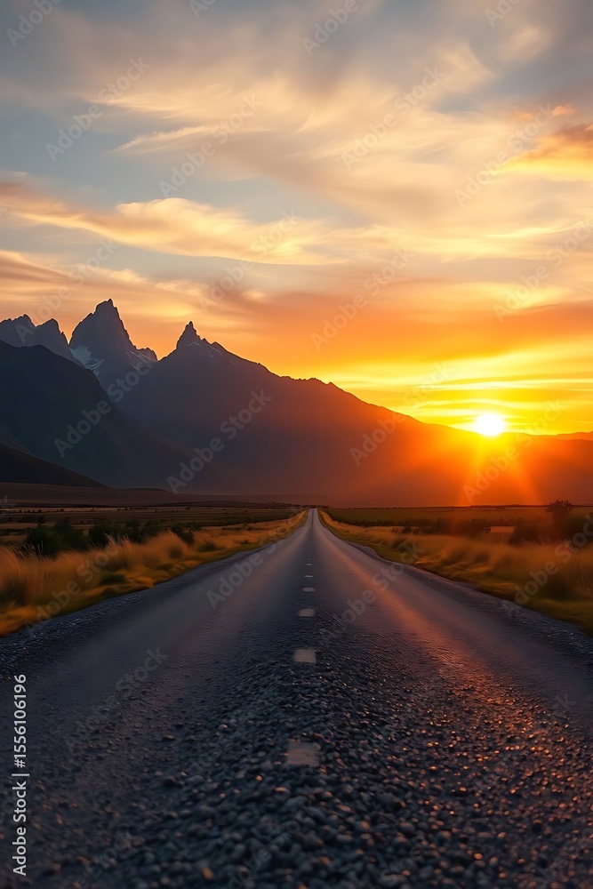 Fototapeta premium A long road stretches towards a vibrant sunset in the mountains