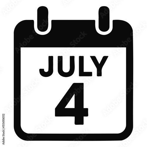 A black and white calendar icon showing the date of july fourth for independence day holiday on transparent background