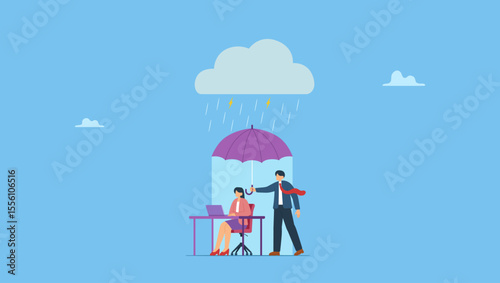Businessman shelters, protect businesswoman from rainstorm. Employee care benefit, worker insurance or protection, boss or manager to protect team and colleagues, leader or boss to help employee.