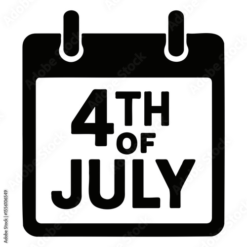 Black and white calendar icon showing the date of fourth of july independence day holiday celebration on transparent background