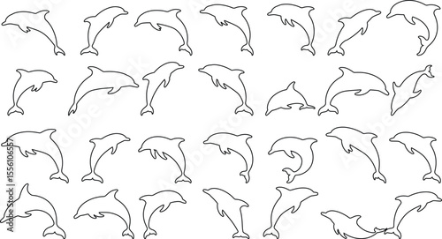 Dolphin outline icon set, Dolphin outline for ocean and marine life silhouette, Dolphin outline isolated on a white background