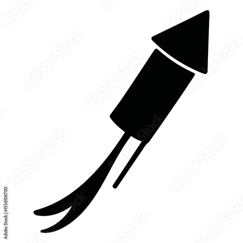 Illustration of a black firework rocket with a pointed top and a trailing tail design element on transparent background