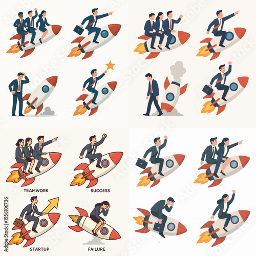 vector set People flying rocket. Teamwork success startup business failure concept  entrepreneur launch ship team start up growth progress internship achievement classy vector illustration