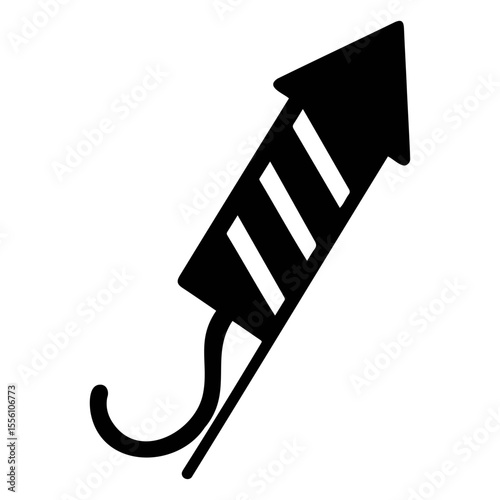 Silhouette illustration of a firework rocket with three stripes and a curved fuse design element on transparent background
