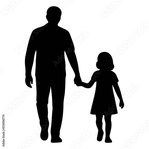 Silhouette of a father holding his daughter's hand while walking together in a simple design on transparent background