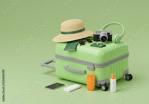 Colorful Green Suitcase Ready for Summer Vacation. Generative Ai