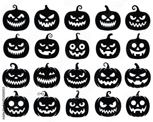 Pumpkin Silhouette, Halloween Jack O'Lantern Pumpkin Silhouette, Set of Twenty Halloween Jack O'Lantern Pumpkin Silhouette on White Background