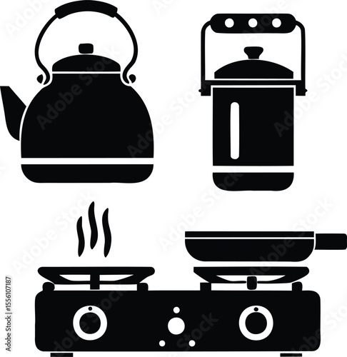 Black and white vector illustration of kitchen utensils including teapot, pressure cooker, and stove with frying pan