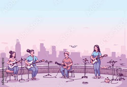 Vector illustration of business people silhouettes and teams in an urban cityscape with skyscrapers. Perfect for corporate meetings, teamwork concepts, business presentations, urban work environments,