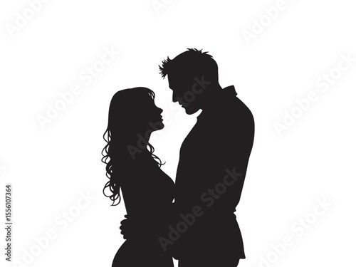 Black silhouette of a couple embracing and looking at each other