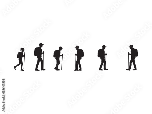 Black silhouettes of hikers with backpacks and walking sticks