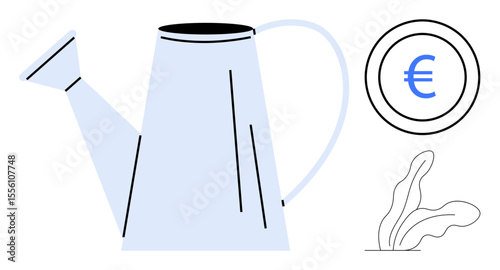 Watering can placed beside a sprouting plant and a euro-marked coin conveying nurturing, investment, and growth. Ideal for finance, savings, eco-friendliness, agriculture, profit, sustainability
