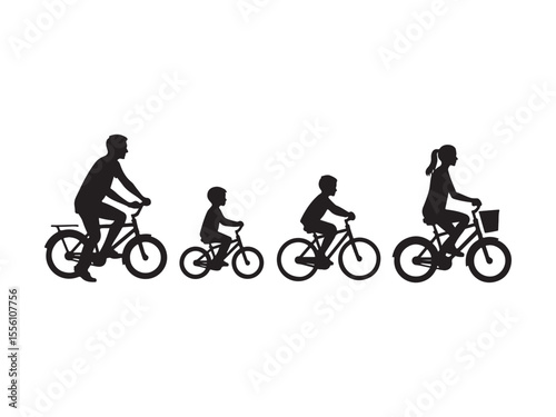 Family cycling silhouettes on white background bicycle