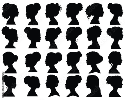 Female head silhouette, Female profile icon set, Female head silhouette isolated on white background