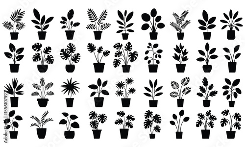 Houseplant silhouette, Plants in pots silhouette vector, Set of potted plants silhouette isolated on white background