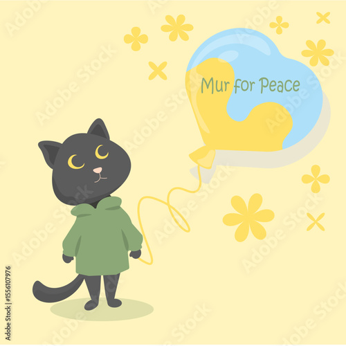 Ukrainian black cat with peace balloon — flat illustration
