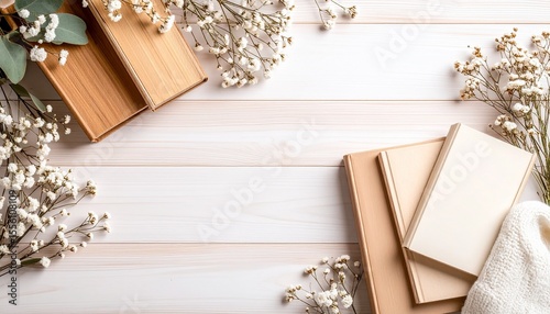Simple flat lay of two books and a single flower on subtle wooden background