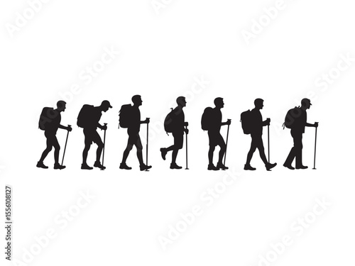 Silhouette of hikers with trekking poles and backpacks