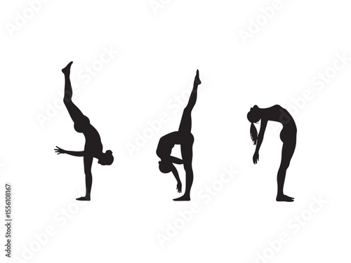 Three female gymnasts performing acrobatic poses silhouette