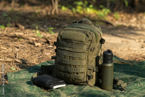 Olive drab tactical backpack, water bottle, and notebook on camouflage in an outdoor setting