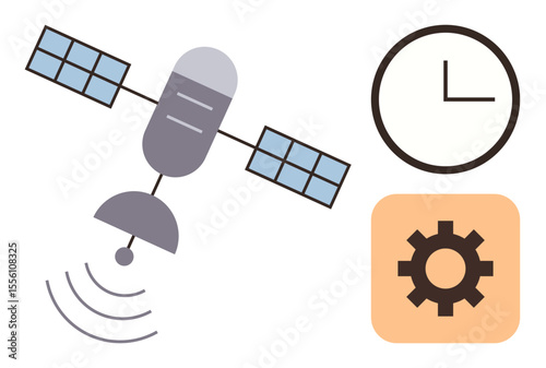 Satellite sending signals paired with clock and gear icons, representing time, automation, communication, and technology. Ideal for concepts thumbs up innovation, efficiency, connection, digital