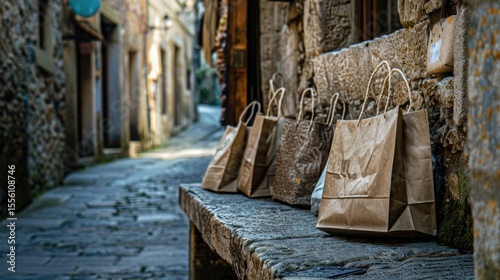 Ecofriendly shopping bags in rustic European village setting photograph