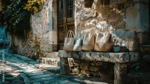 Ecofriendly shopping bags in rustic European village setting photograph