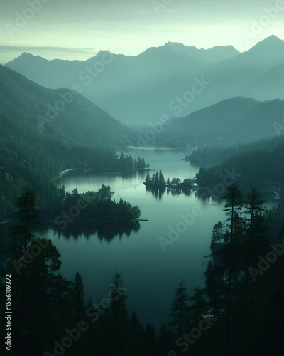 Mountain lake reflects atmospheric serene landscape