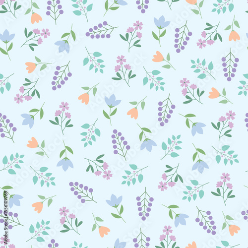 Bright summer spring flowers and leaves floral vector seamless surface pattern