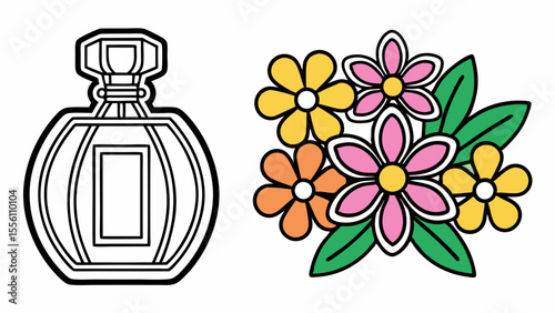 Vector illustration of a perfume bottle and vibrant flowers, beauty and fragrance theme