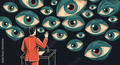 Social phobia illustration man giving presentation to giant eyes.  Man speaks to large eyes floating in dark space.  Intense gaze creates social phobia feeling for presentation.