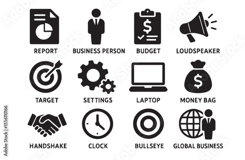 Business Icons Silhouette Set – Office, Finance, Marketing, Target, Global Vector Symbols