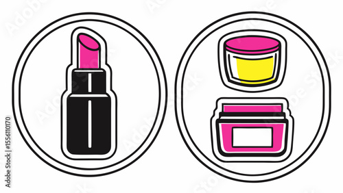 Cosmetic icons illustration: lipstick and cream jars, vector art, beauty and personal care theme