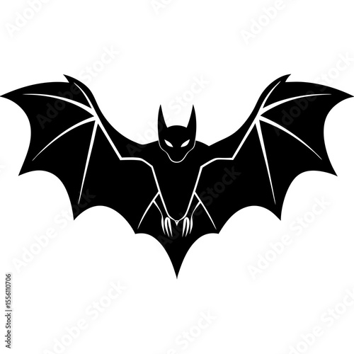 Black bat silhouette with outstretched wings and sharp claws white background animal
